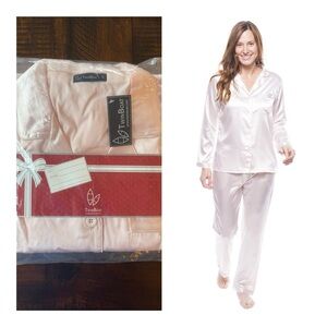 NEW Women's Pink Satin Pajama Set with White Trim